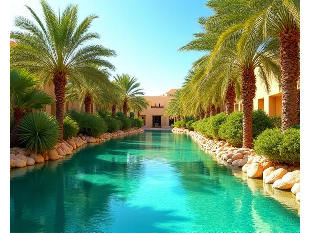Oasis luxuriante avec des palmiers et de l'eau turquoise au milieu du désert.